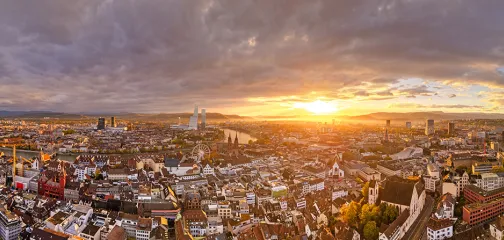 Basel, Switzerland Townscape at Sunrise stock photo Basel 